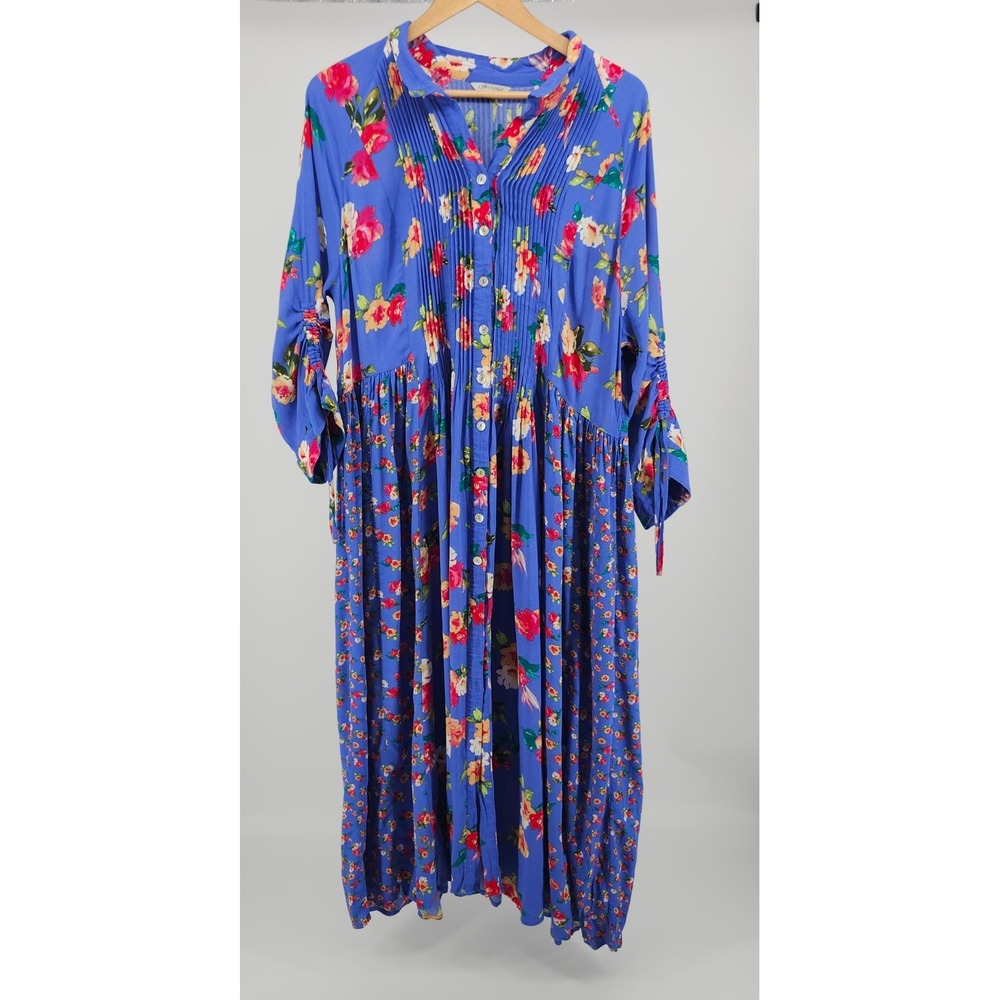 John Mark Blue Floral Pintuck Pleated Midi Dress Womens XL Empire Waist Ruched